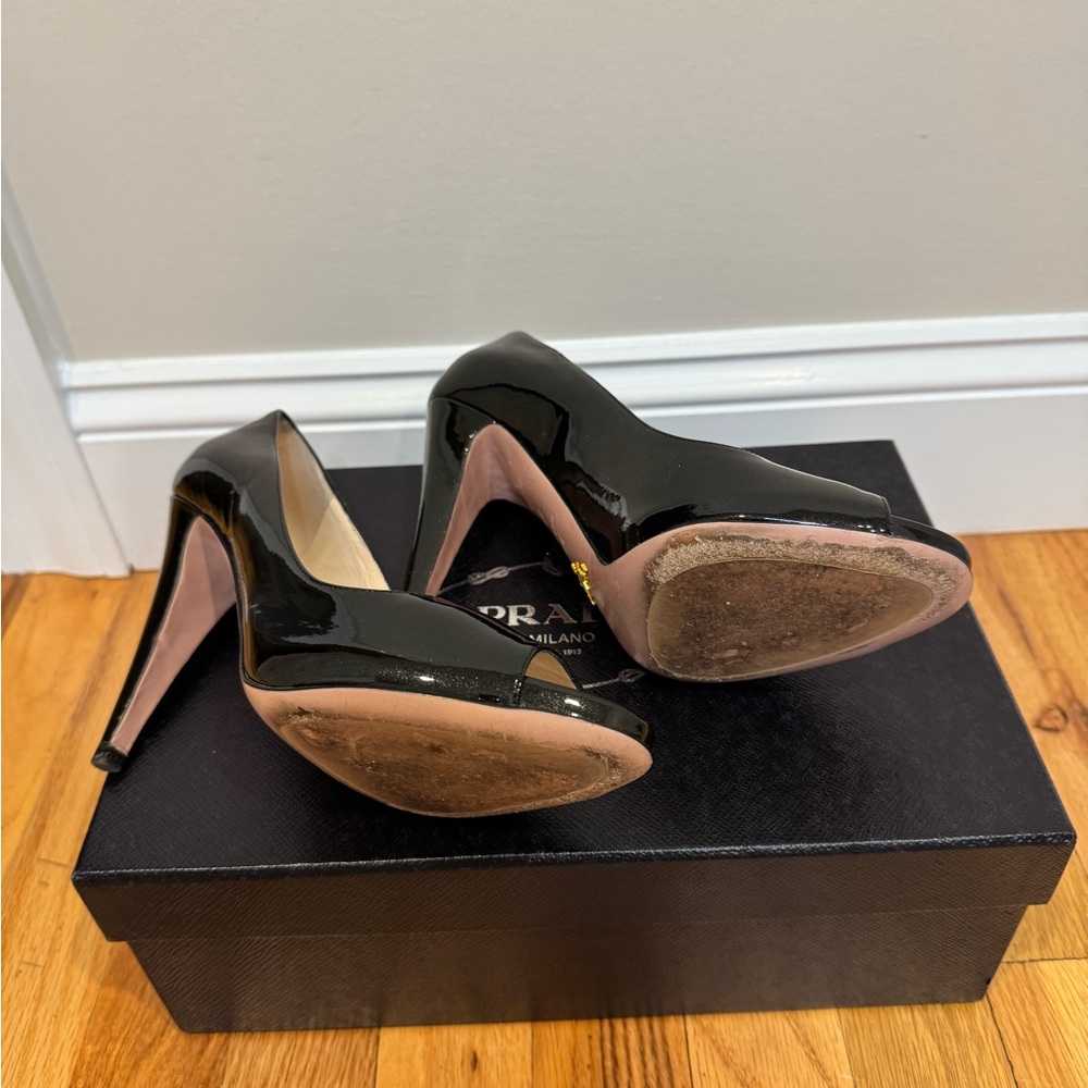 Prada Glossy Black Peep-Toe Heels - Picture 3 of 4